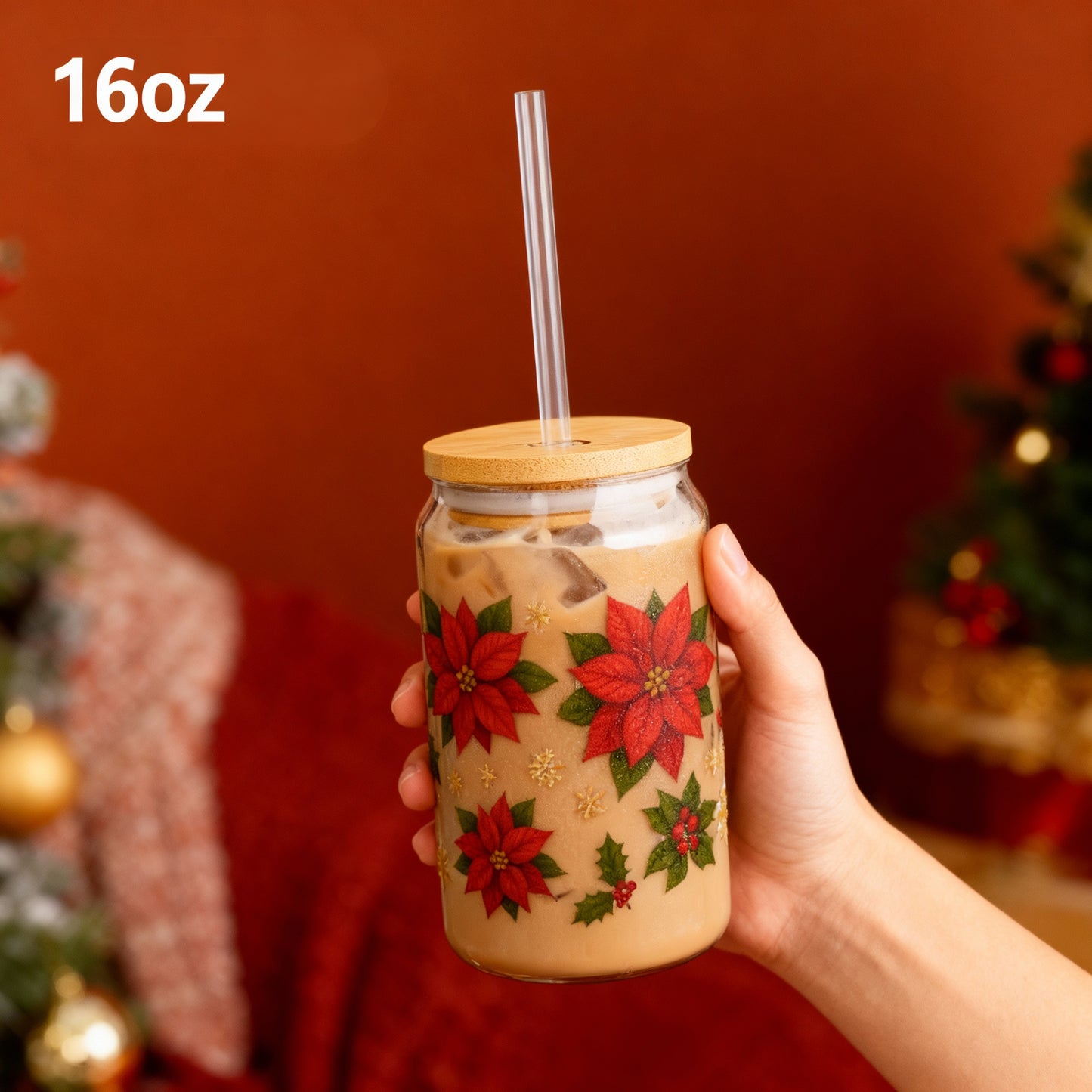 Poinsettia Christmas Slipper Glass – 16oz with Bamboo Lid & Straw