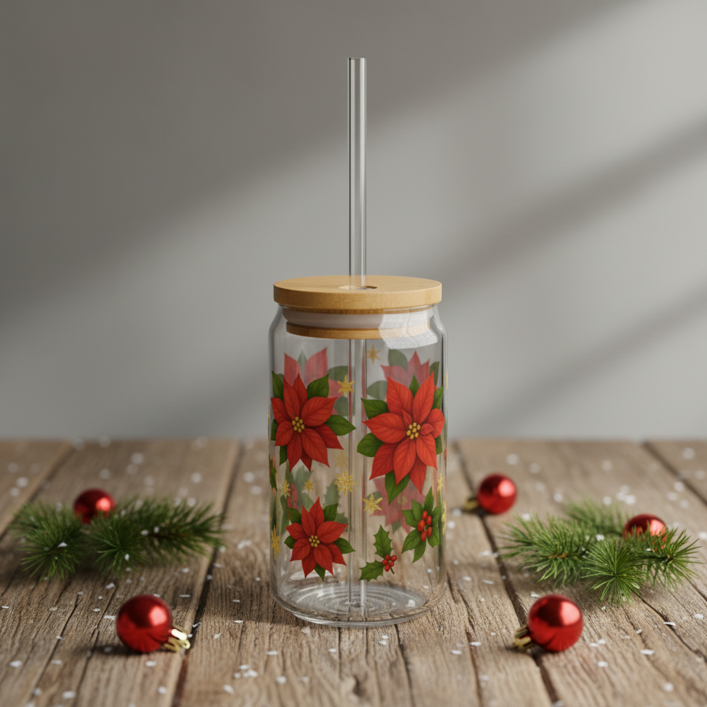 Poinsettia Christmas Slipper Glass – 16oz with Bamboo Lid & Straw