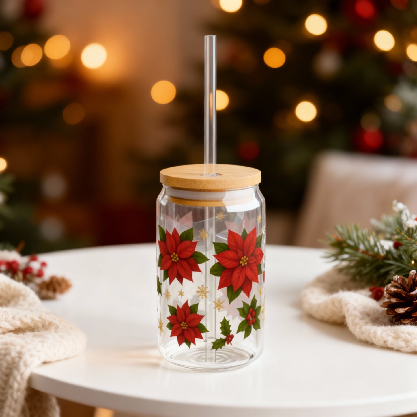 Poinsettia Christmas Slipper Glass – 16oz with Bamboo Lid & Straw