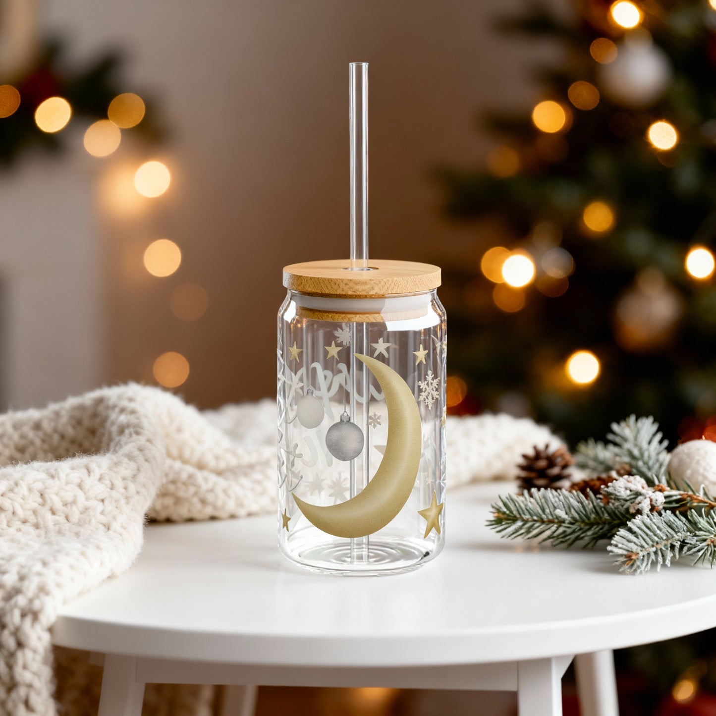 Silent Night Christmas Slipper Glass – 16oz with Bamboo Lid & Straw