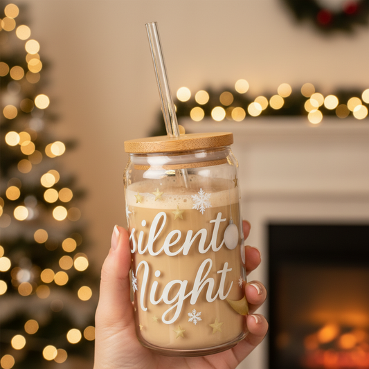 Silent Night Christmas Slipper Glass – 16oz with Bamboo Lid & Straw