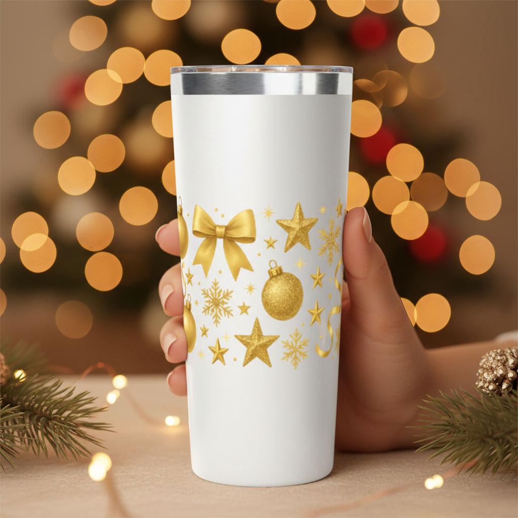 Gold Holiday Stars 22oz Tumbler – Elegant Christmas Cup