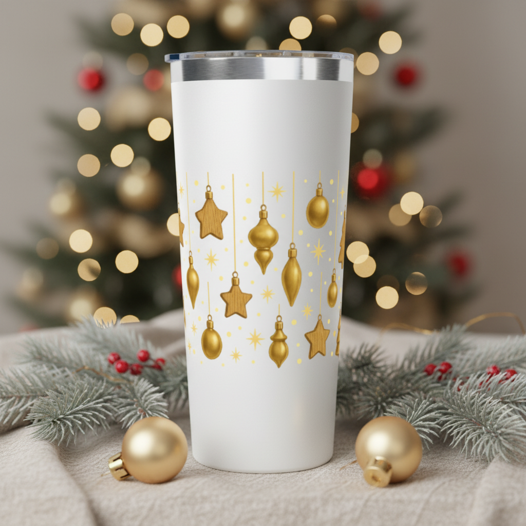 Gold Christmas Ornaments 22oz Stainless Tumbler – Elegant Holiday Cup