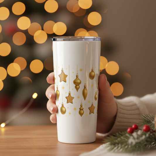 Gold Christmas Ornaments 22oz Stainless Tumbler – Elegant Holiday Cup