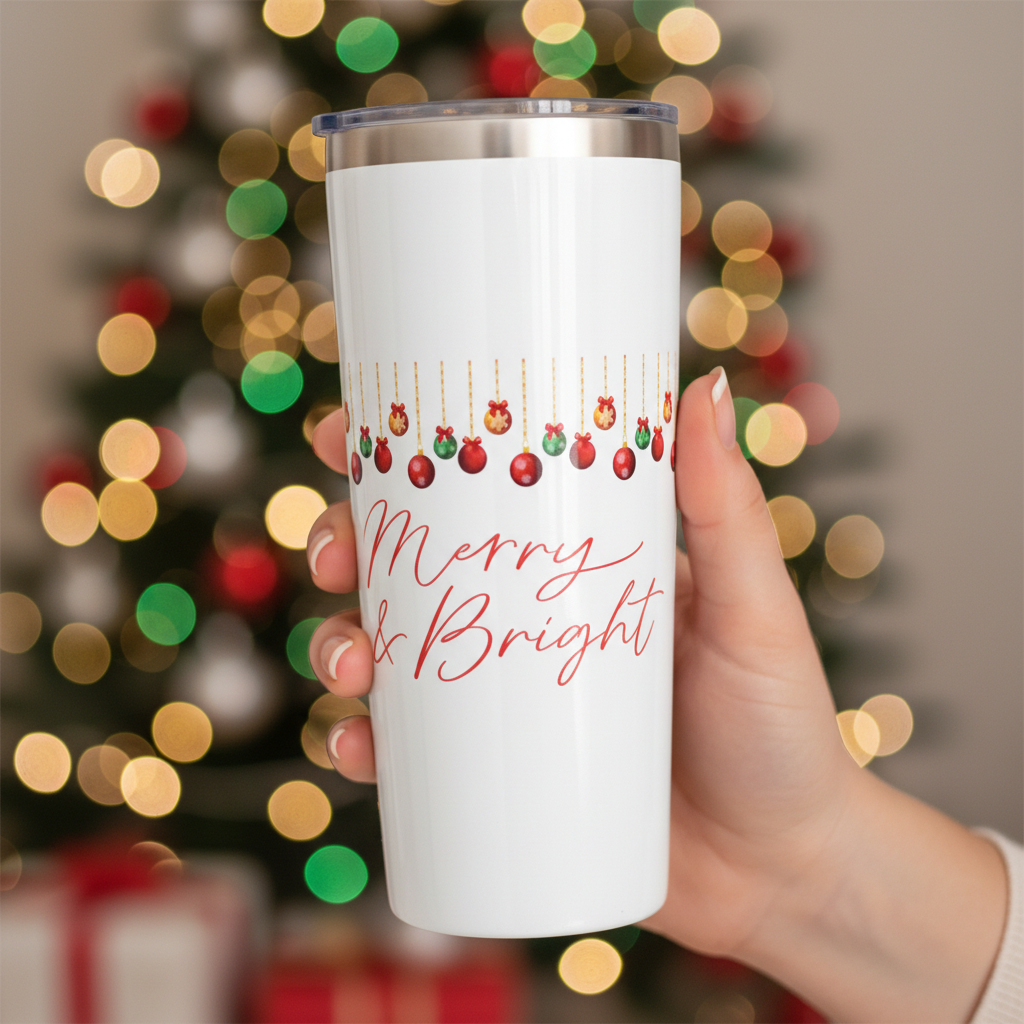 Merry & Bright 22oz Christmas Tumbler – Ornament Garland Holiday Cup