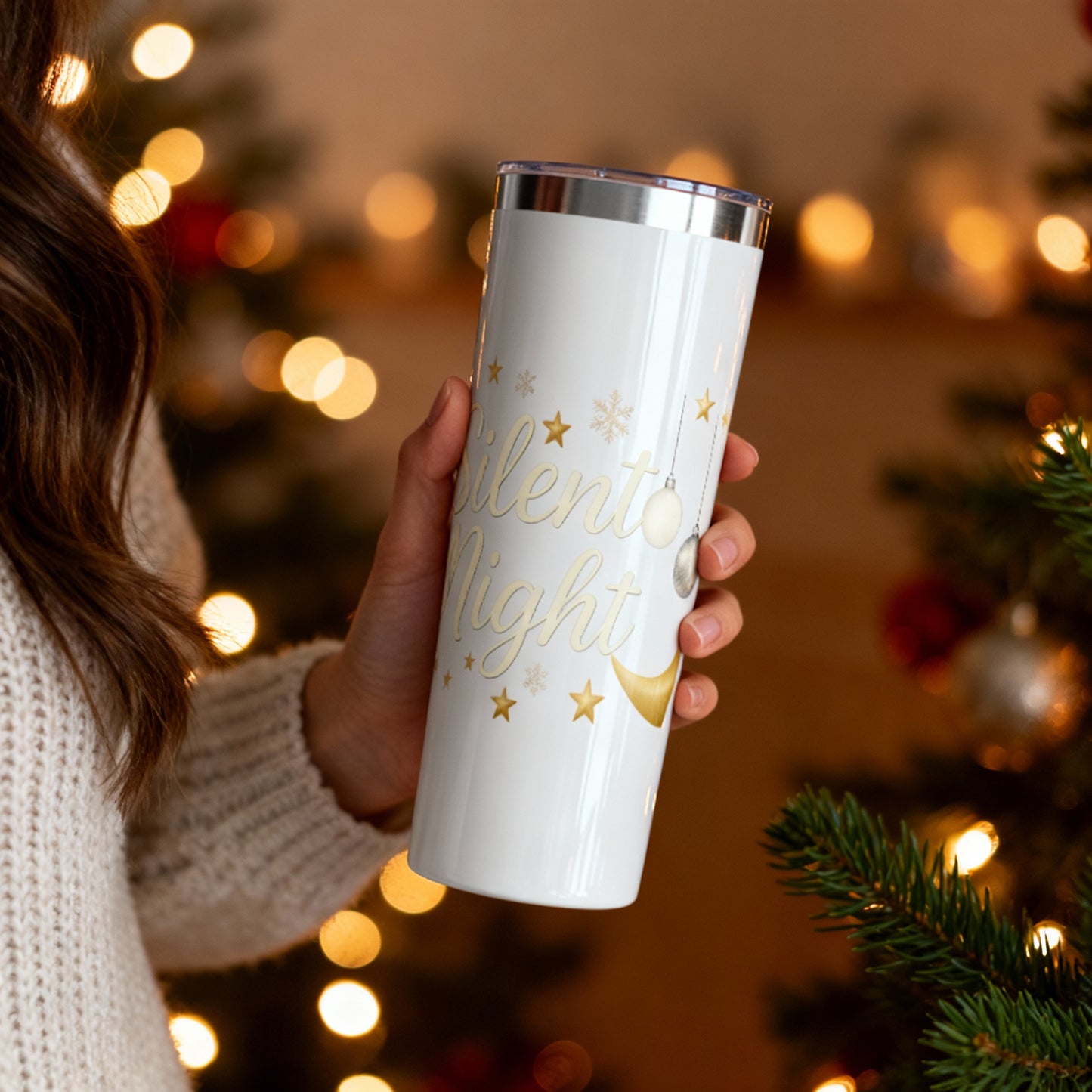 Silent Night 22oz Christmas Tumbler – Gold Moon & Stars Holiday Drinkware