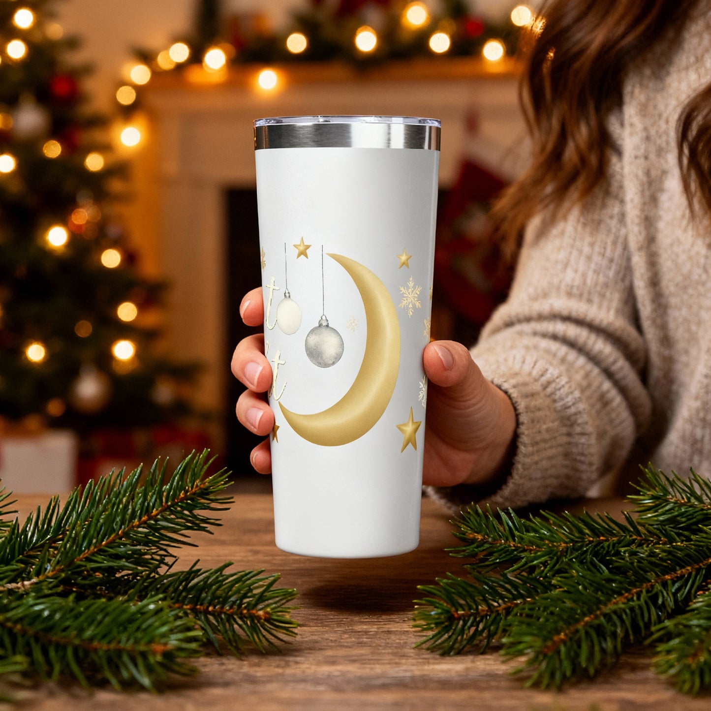 Silent Night 22oz Christmas Tumbler – Gold Moon & Stars Holiday Drinkware