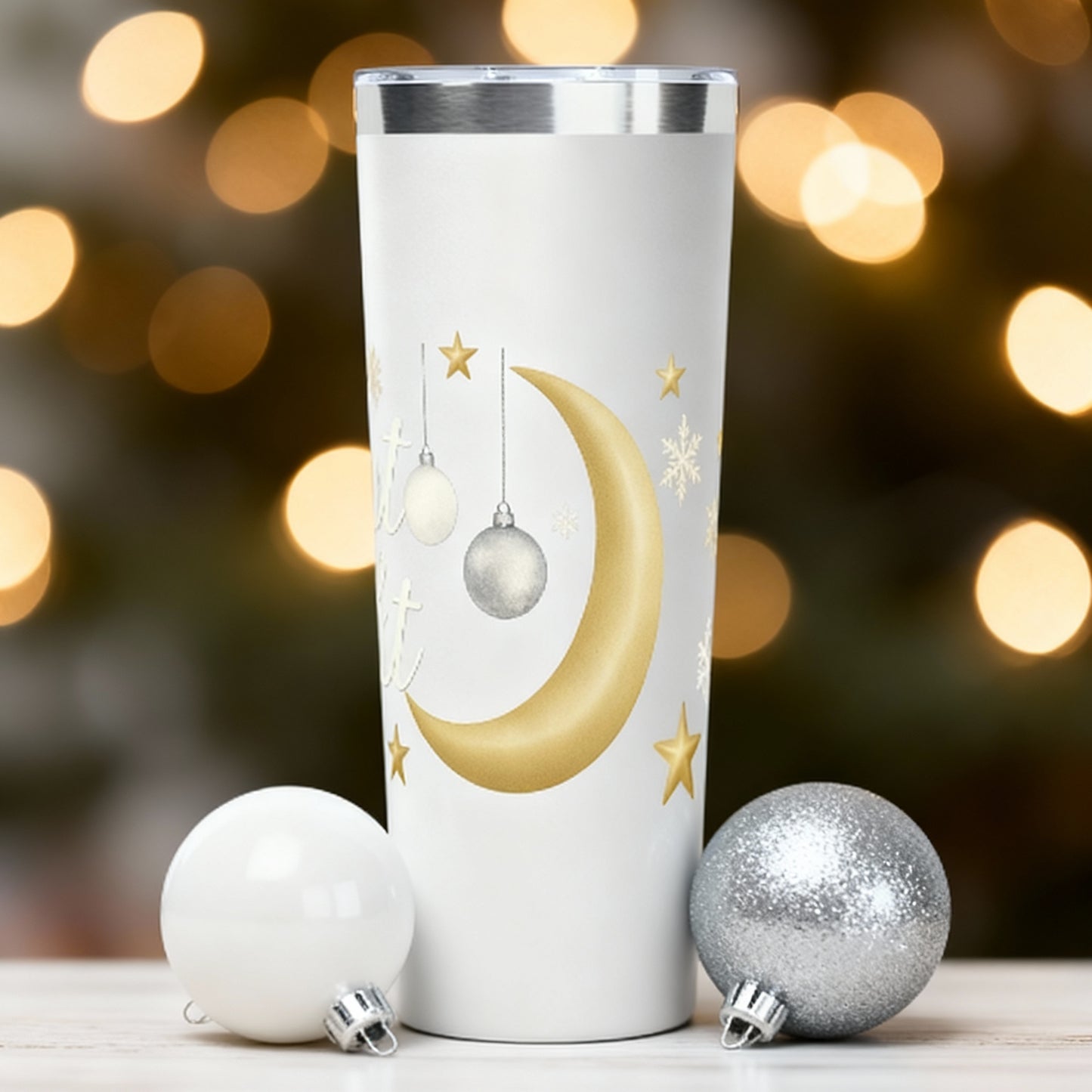 Silent Night 22oz Christmas Tumbler – Gold Moon & Stars Holiday Drinkware
