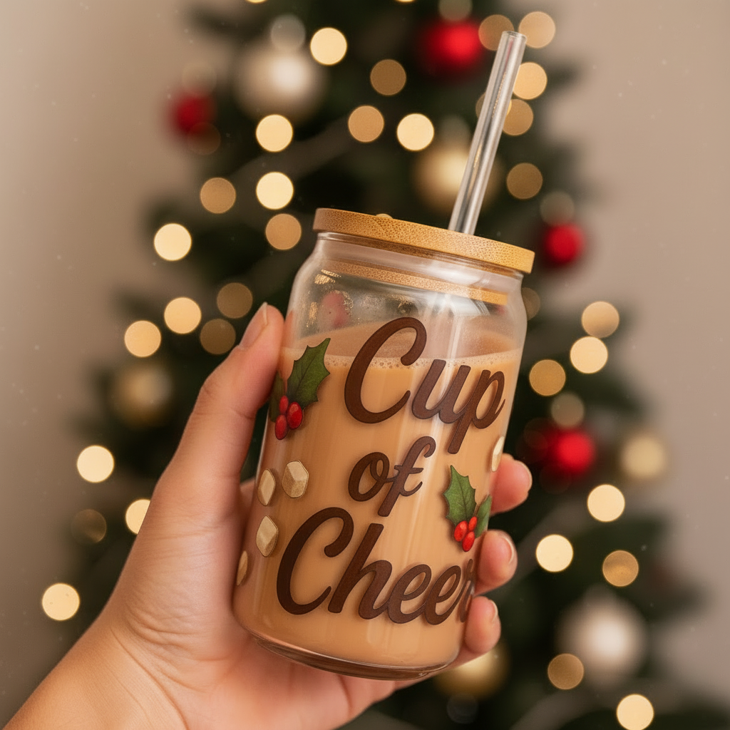 Cup of Cheer Christmas Slipper Glass – 16oz with Bamboo Lid & Straw