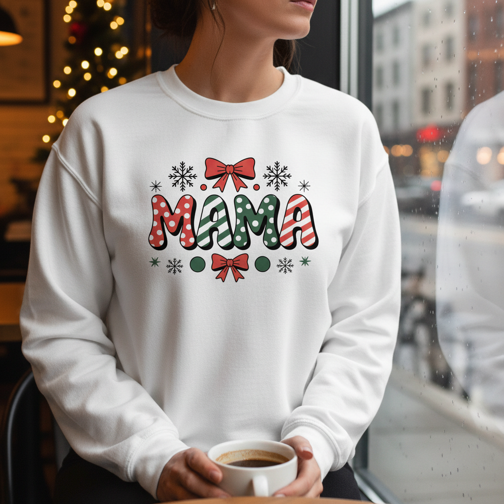 Mama Christmas Sweatshirt – Festive Candy Cane Letter Crewneck