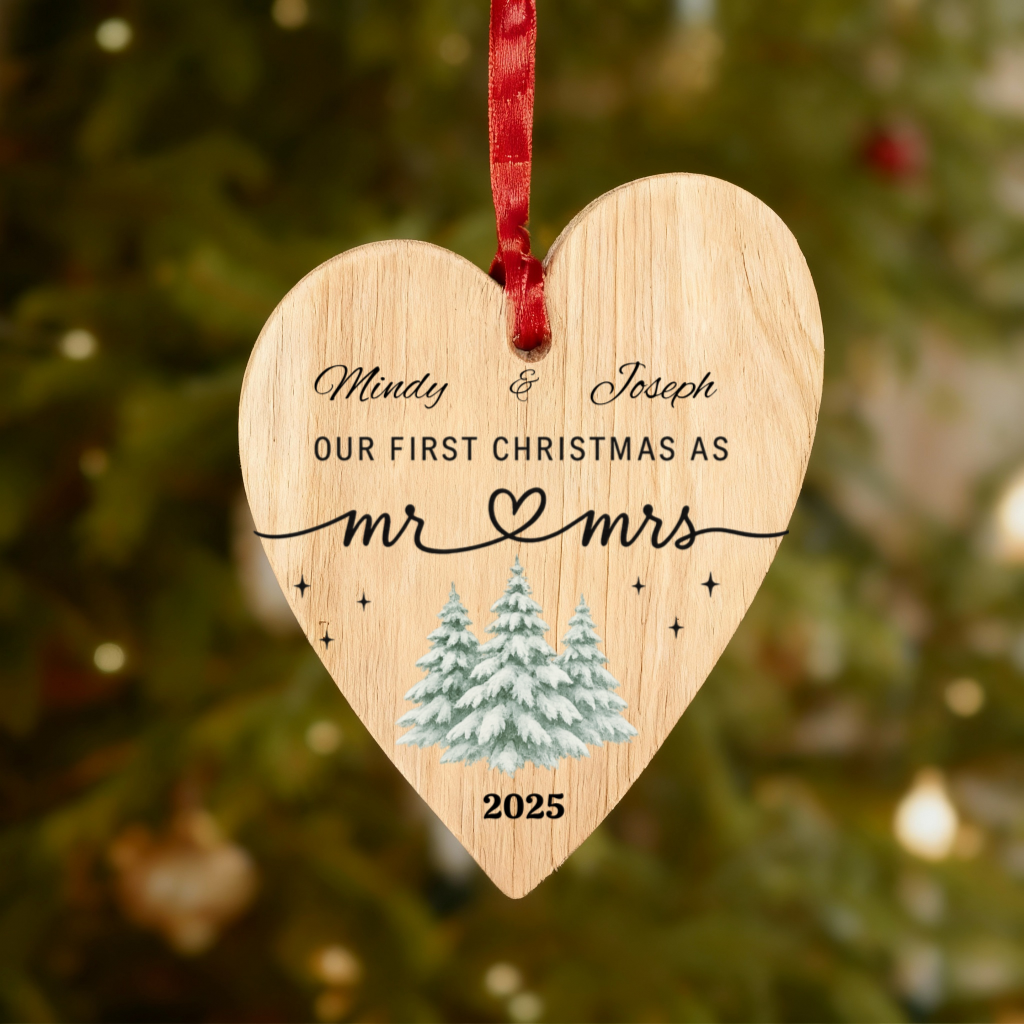 Personalized Mr & Mrs Heart Ornament – First Christmas Married, Rustic Wood Christmas Keepsake