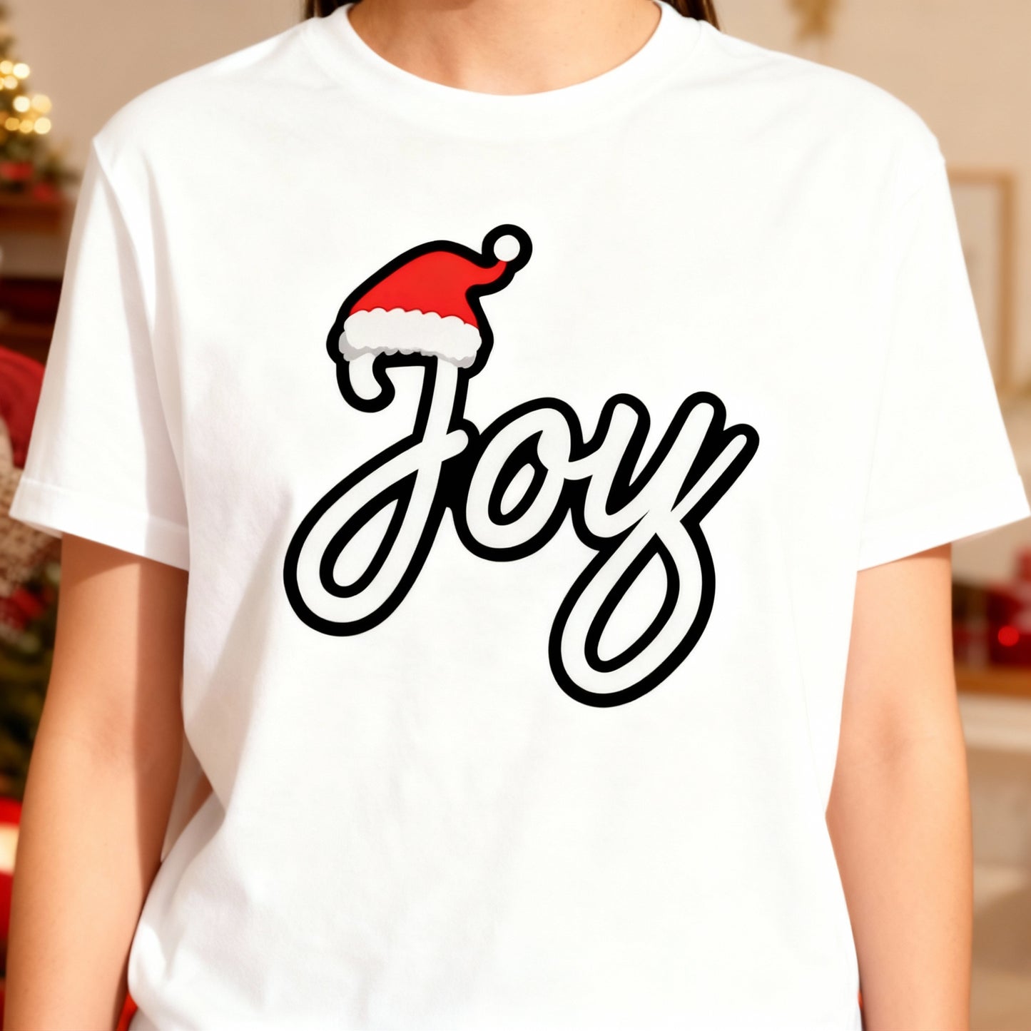 Joy Christmas T-Shirt – Minimal Script Santa Hat Holiday Tee