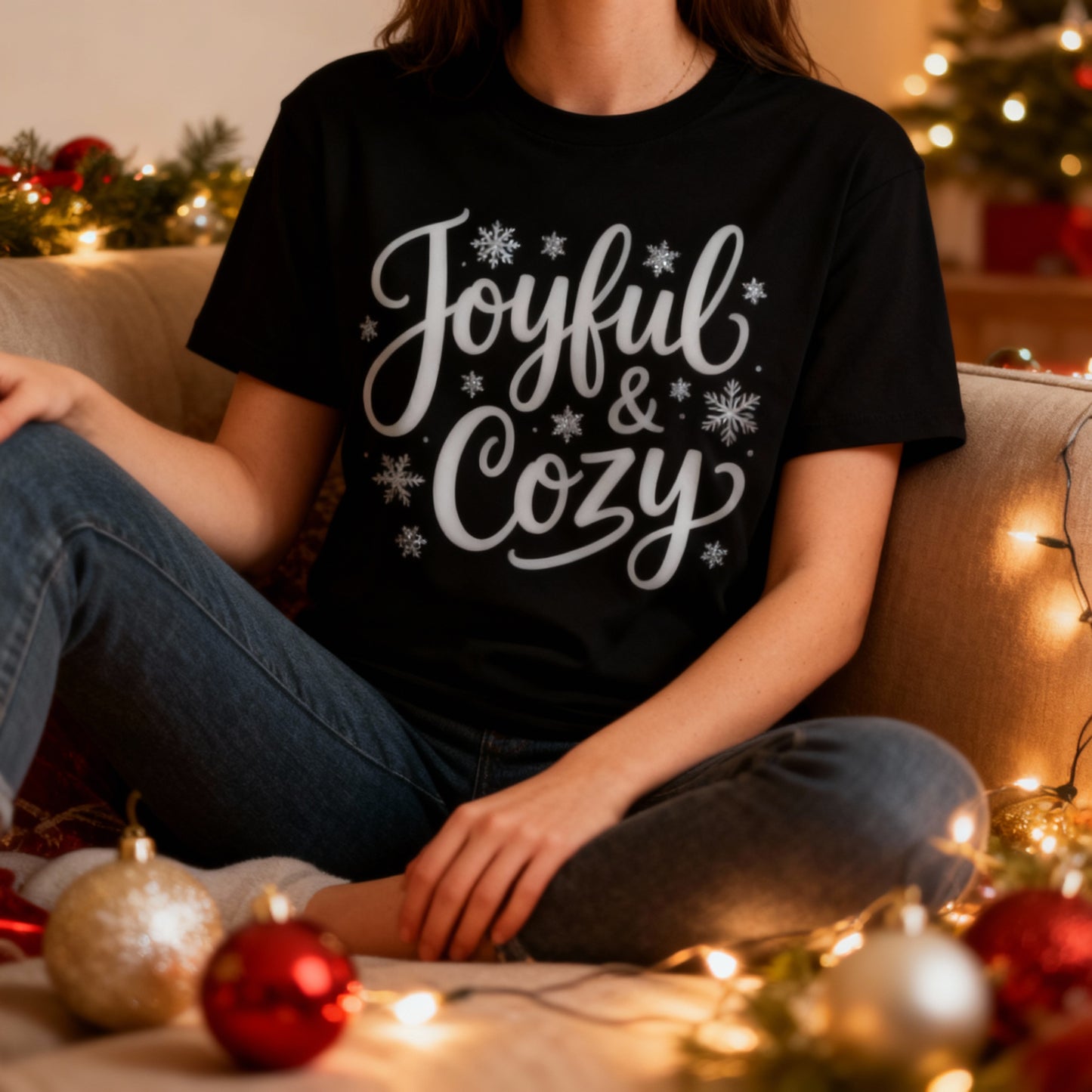 Joyful & Cozy T-Shirt – Winter Snowflake Holiday Tee