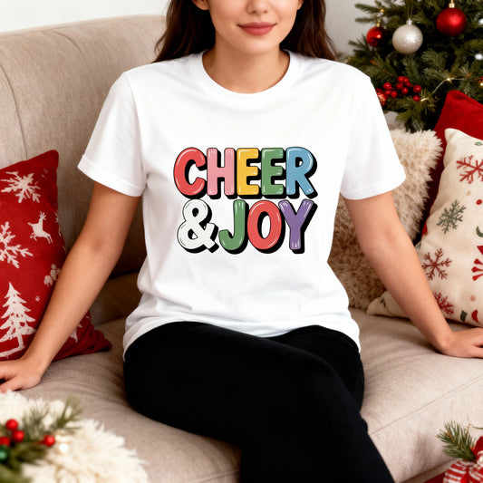 Cheer & Joy T-Shirt – Colorful Holiday Bubble Letter Tee