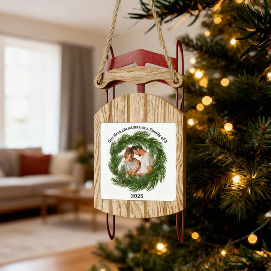 Custom Photo Sled Ornament – First Christmas As A Family Of 3 Keepsake