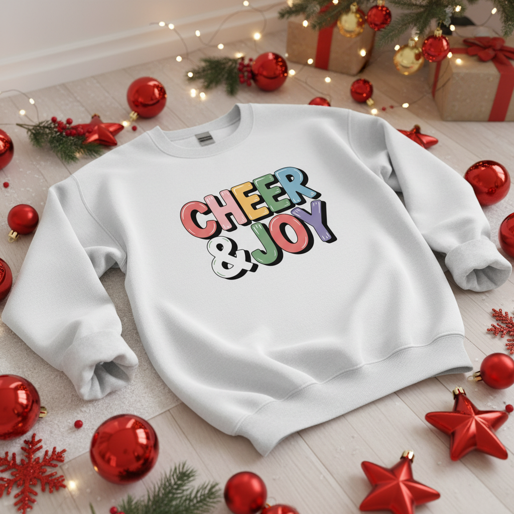 Cheer & Joy Christmas Sweatshirt – Colorful Holiday Bubble Letter Crewneck