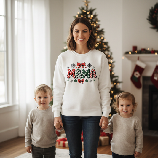 Mama Christmas Sweatshirt – Festive Candy Cane Letter Crewneck