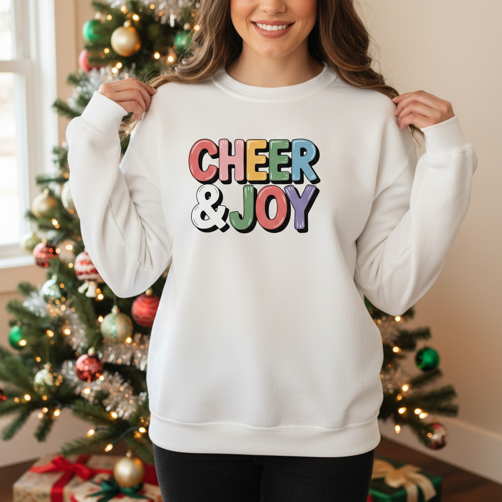 Cheer & Joy Christmas Sweatshirt – Colorful Holiday Bubble Letter Crewneck