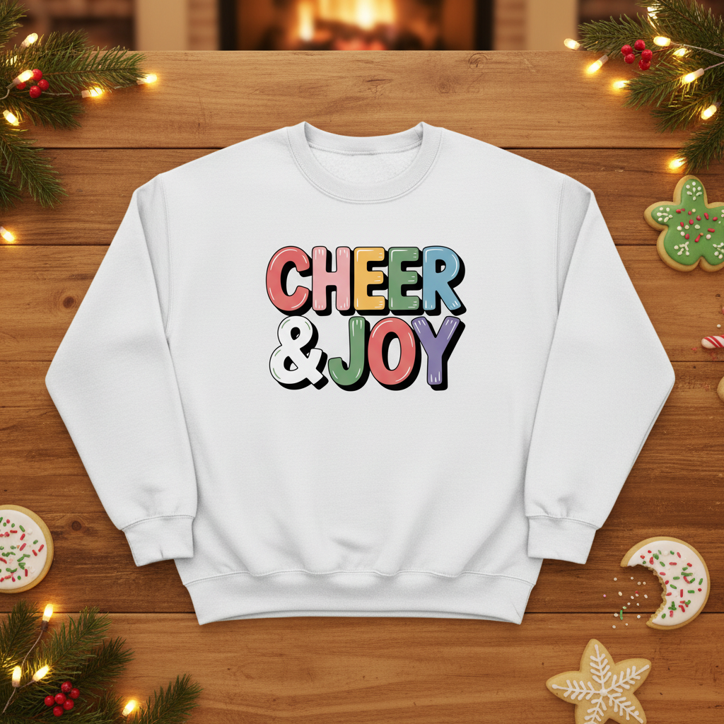 Cheer & Joy Christmas Sweatshirt – Colorful Holiday Bubble Letter Crewneck