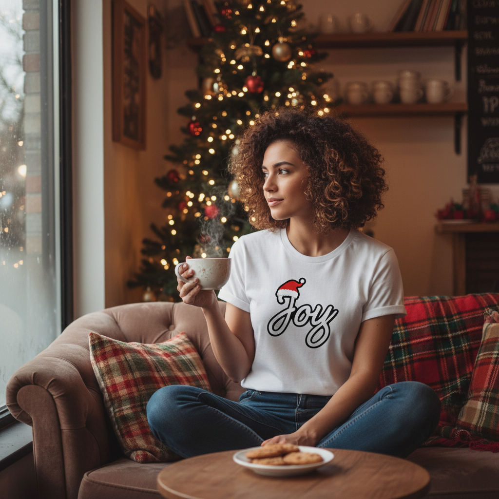Joy Christmas T-Shirt – Minimal Script Santa Hat Holiday Tee