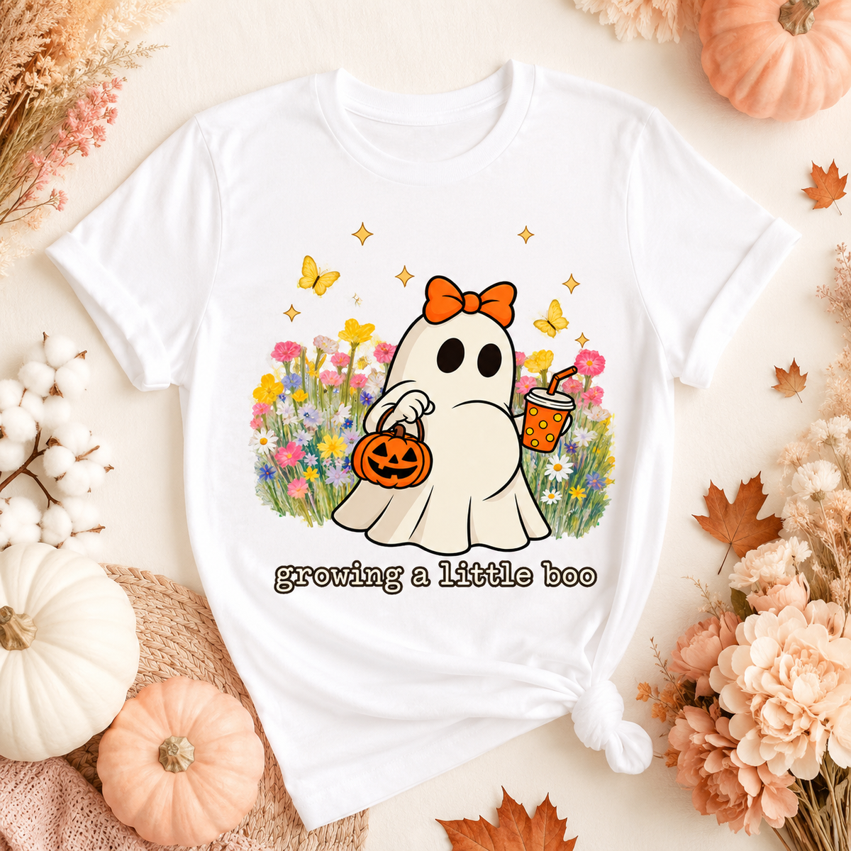 Cute Ghost Tee — "Growing a Little Boo" Halloween Floral Shirt