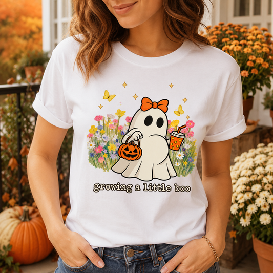 Cute Ghost Tee — "Growing a Little Boo" Halloween Floral Shirt