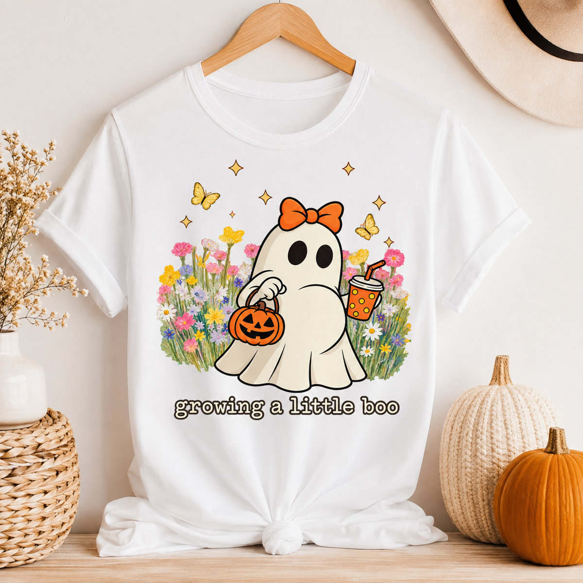 Cute Ghost Tee — "Growing a Little Boo" Halloween Floral Shirt