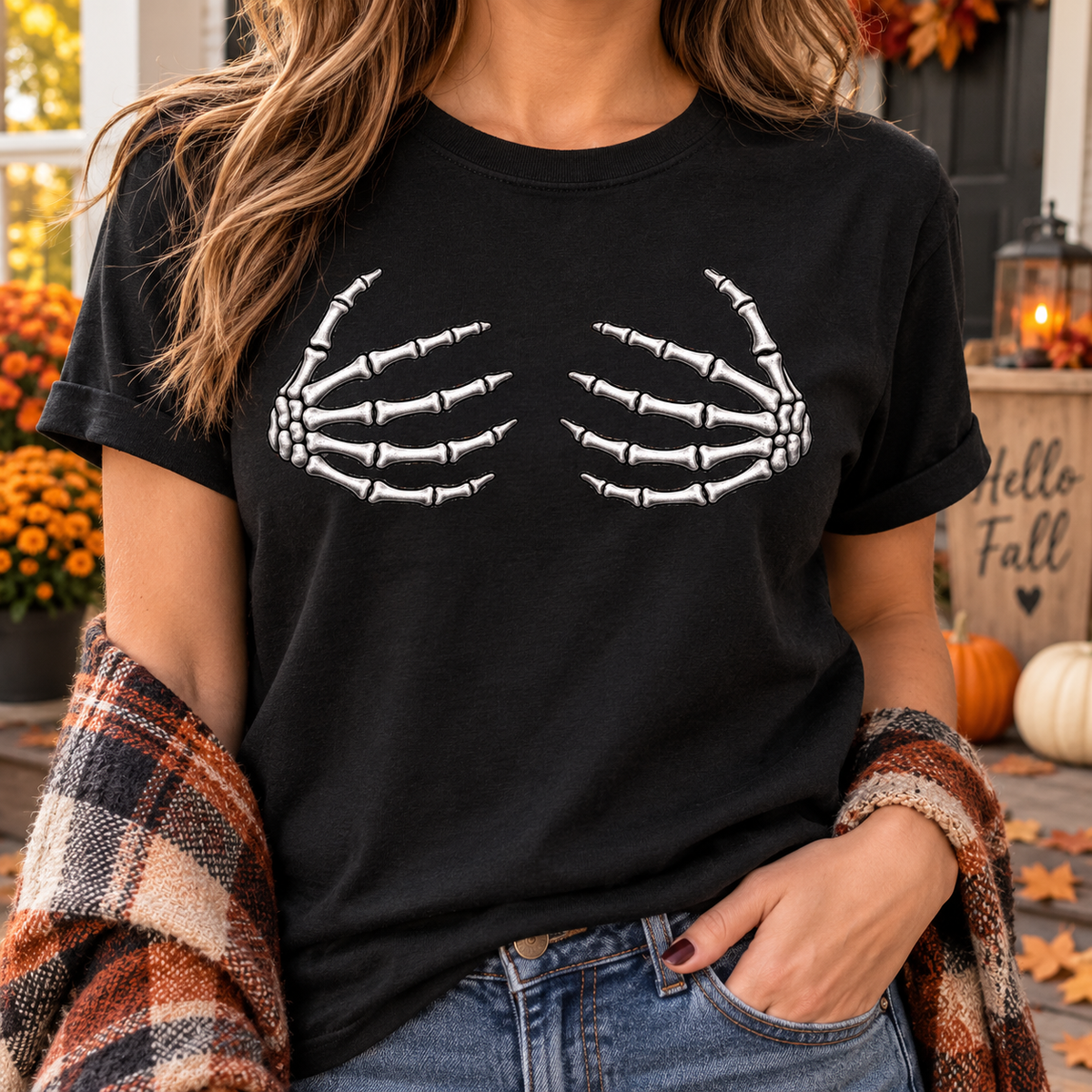 Skeleton Hands Graphic Tee — Halloween Spooky Chest Print T-Shirt