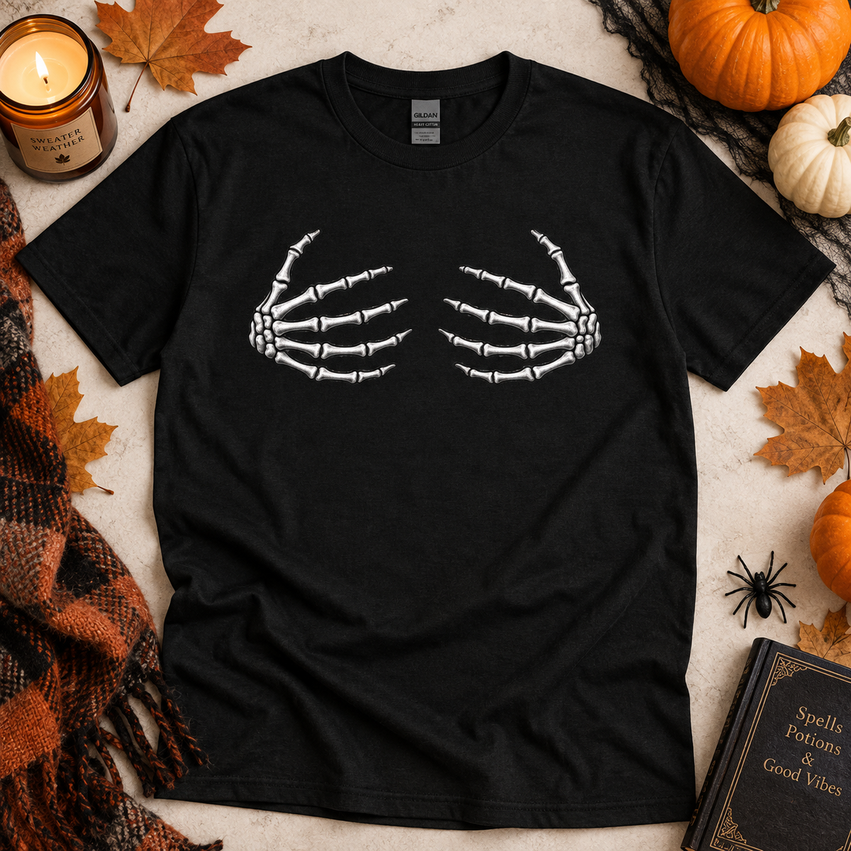 Skeleton Hands Graphic Tee — Halloween Spooky Chest Print T-Shirt