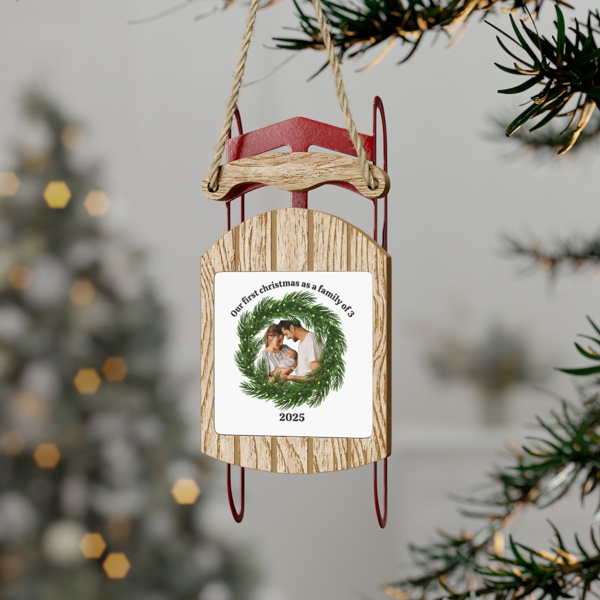 Custom Photo Sled Ornament – First Christmas As A Family Of 3 Keepsake