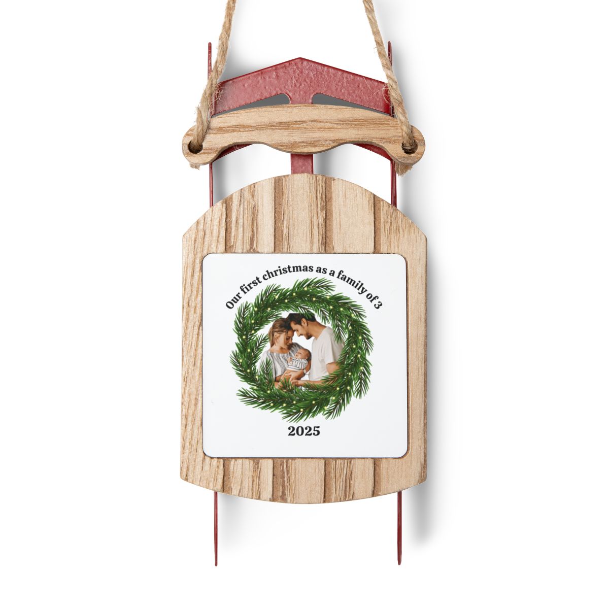 Custom Photo Sled Ornament – First Christmas As A Family Of 3 Keepsake