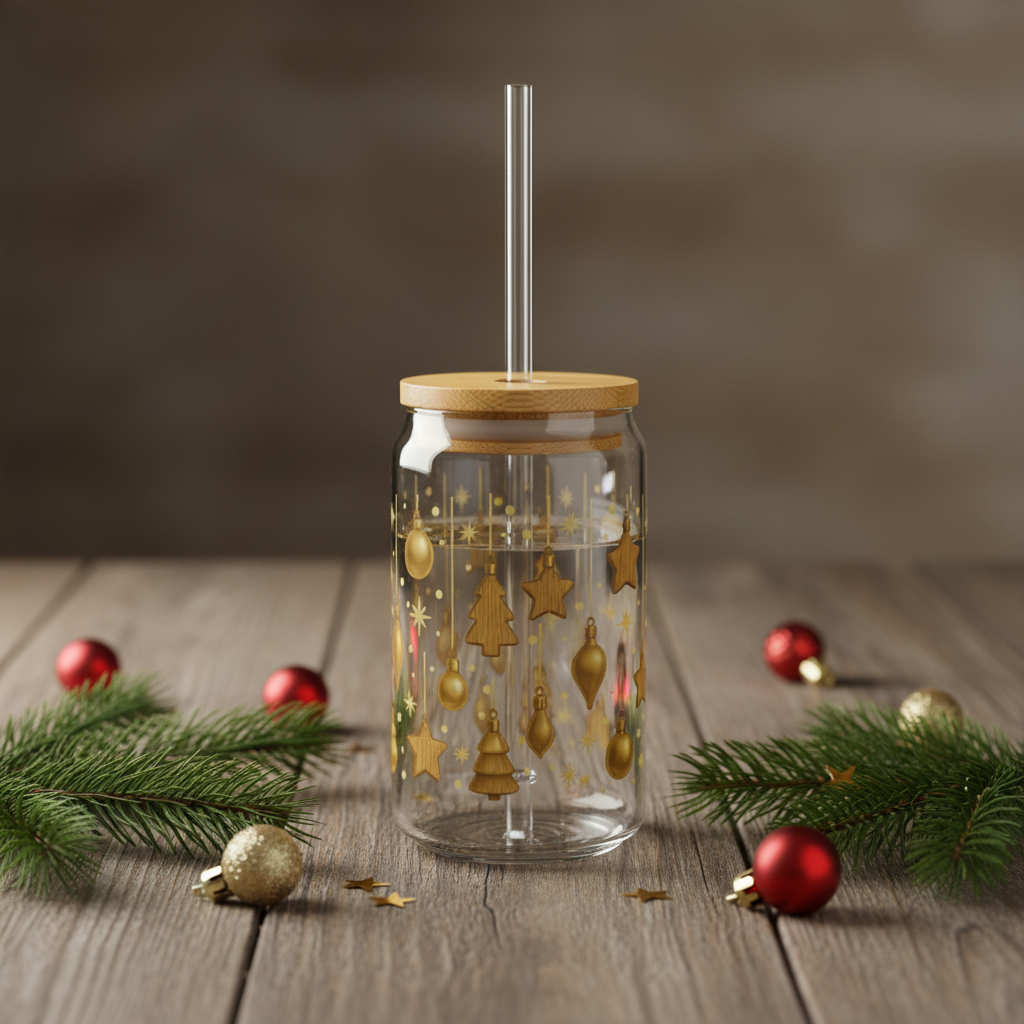 Golden Christmas Ornaments Slipper Glass – 16oz with Bamboo Lid & Straw