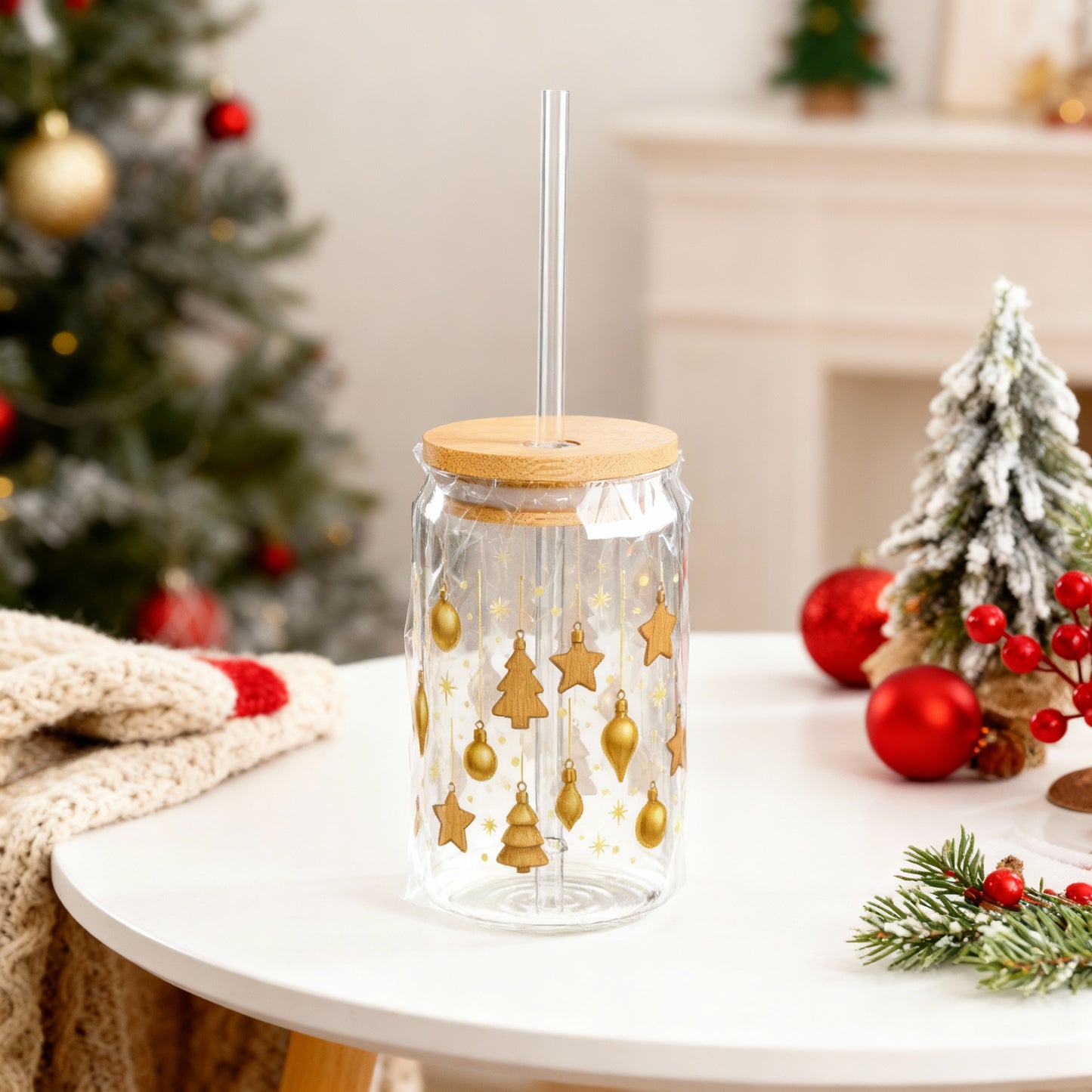 Golden Christmas Ornaments Slipper Glass – 16oz with Bamboo Lid & Straw