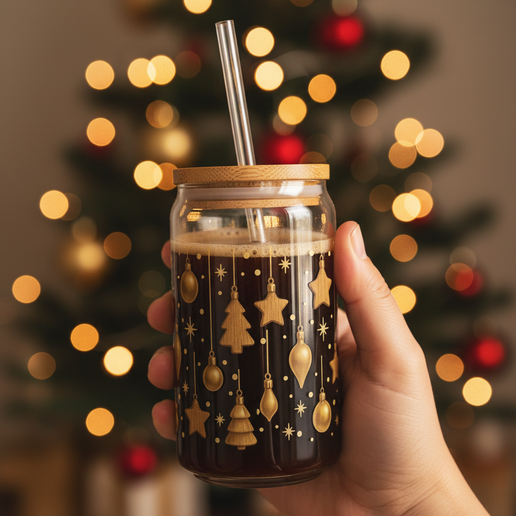 Golden Christmas Ornaments Slipper Glass – 16oz with Bamboo Lid & Straw