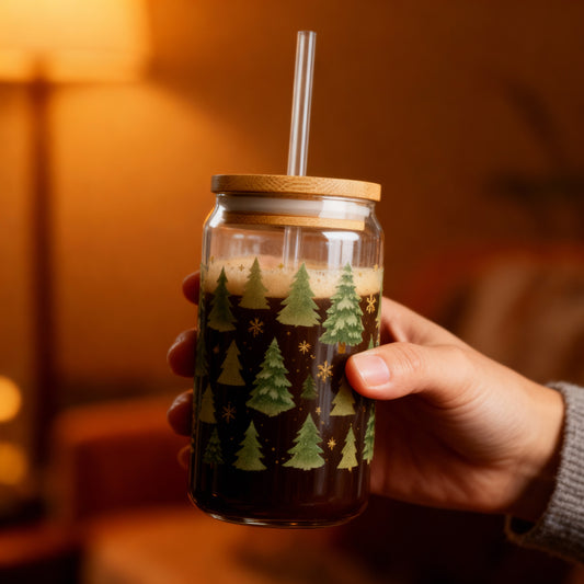 Christmas Trees Slipper Glass – 16oz with Bamboo Lid & Straw