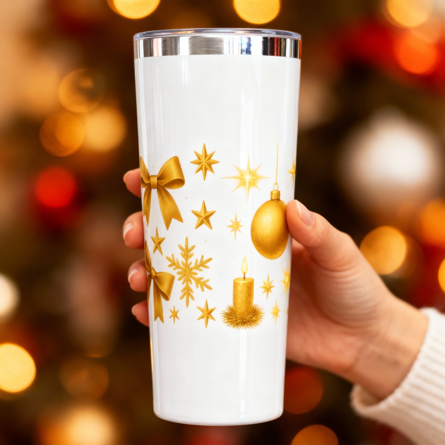 Golden Candle & Stars 22oz Tumbler – Elegant Christmas Drinkware
