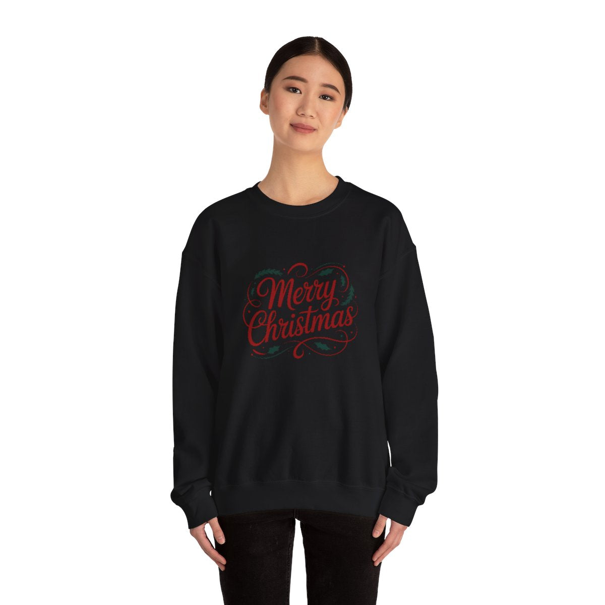 Merry Christmas Script Sweatshirt – Classic Red & Green Holiday Crewneck